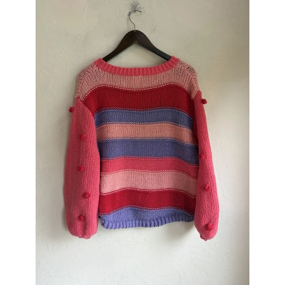 Umgee Chunky Striped Oversized Sweater M Pom Pom Balloon Kidcore Retro Pullover